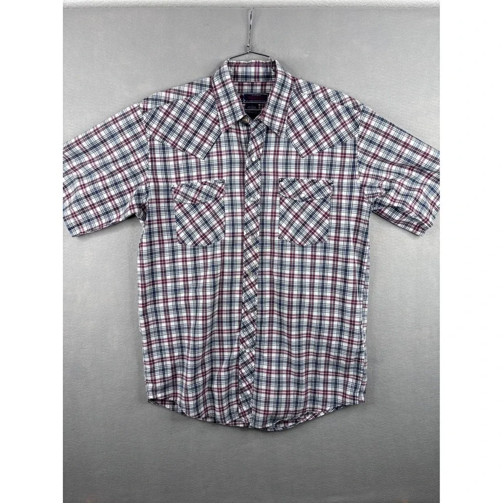 Williams Bay Mens Western Pearl Snap Shirt Plaid Short Sleeve Navy Red White L